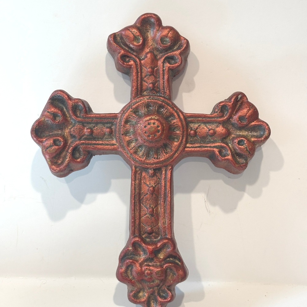 Vintage Ornate Chalkware Wall Cross Metallic Copper Red Fleur De Lis Decor